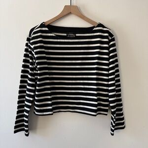 J.Crew Black and Cream Striped Cropped Fit Long Sleeve Boxy Top